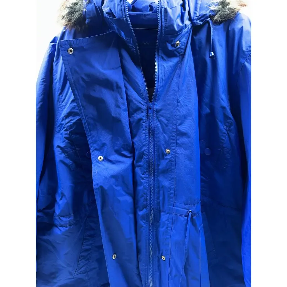 Woman Within Plus Sz Parka Sz 5X 38/40 Blue Full Zip Faux Fur Hood Quilted Liner